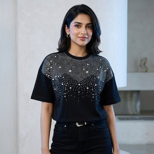 Custom Rhinestone T <b>Shirt</b> Oversized Crystal <b>Studded</b> Streetwear Heavyweight Cotton Tee Private Label Manufacturer SHH Industries - Product Image 5