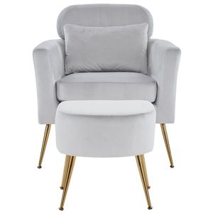 Fauteuil de loisirs d'intérieur en flanelle gris clair semi-démontable avec pieds et repose-pieds dorés pour salon - Product Image 2