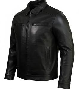 Blouson en cuir noir sur mesure pour homme, en cuir de vachette véritable, style camionneur, coupe ajustée, col chemise décontracté, manteau de motard en cuir véritable, vêtement d'extérieur - Product Image 4