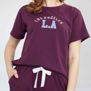 Conjunto de 2 Piezas para Mujer, Color Morado, Estampado con la Letra L.A. de Los Ángeles, Shorts Casuales, Cuello Redondo, Manga Corta, Corte Holgado, Ropa de Primavera/Verano - Product Image 4