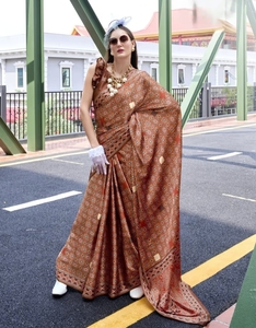 KV for <b>Satin</b> Crepe Silk Traditional Printed Party <b>Saree</b> with Unstitched Blouse - Product Image 2