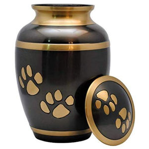 Urne funéraire artisanale en laiton pour cendres d'animaux (chien, chat) – Finition grise avec empreintes de pattes dorées, couvercle fileté – Souvenir commémoratif pour animaux - Product Image 1