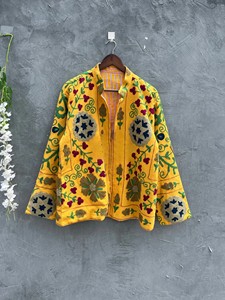 Handmade Suzani Embroidery Cotton <b>Jacket</b> Vintage Kantha Stitch Quilted Coat Reversible Women <b>Lightweight</b> Warm Blazer - Product Image 1