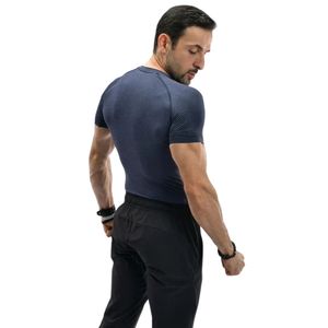 T-shirt de sport bleu marine pour homme à manches courtes, col rond, coupe ajustée, respirant, idéal pour la gym, l'entraînement, la course et le fitness - Product Image 4
