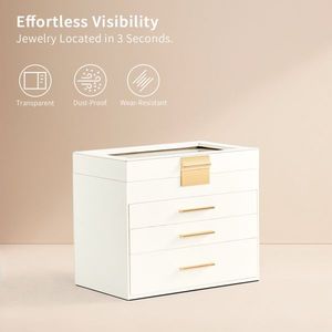 Scatola Portagioie Deluxe a 2 Cassetti in Velluto Bianco e Rosa con Coperchio Trasparente, Organizzatore per Gioielli Stampato - Product Image 5