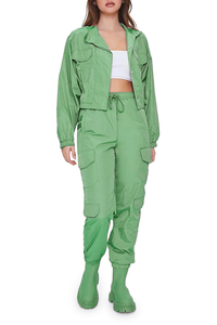 Women's Green Solid Casual Waterproof 2 Piece <b>Set</b> Long Sleeve <b>Blazer</b> Top Cargo Pants Regular Fit Short Breathable 100% Nylon - Product Image 2