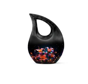 Offre Spéciale – Urne funéraire moderne en aluminium noir, forme goutte d'eau, pour cendres humaines adultes, avec motif floral, petite et durable - Product Image 1