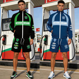 Men's Contrast Panel Nylon <b>Tracksuit</b> Set Graphic Print Zip up Windbreaker Jacket Shorts Racing Streetwear Wholesale - Product Image 6