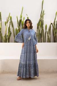 Vestido Maxi Boho Estampado 100% Algodón Ecológico con Borlas, Cuello Mandarín, Manga Campana, Corte Holgado, Patrón Geométrico, Formal, Verano - Product Image 3