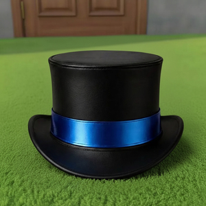 Premium quality custom made Handmade Black Leather <b>Top</b> Hat Blue Band Steampunk Gothic Victorian Cosplay Hat - Product Image 4