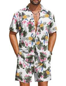 Conjunto de dos piezas con estampado floral tropical para hombre, camisa de manga corta con botones y pantalones cortos a juego, conjunto ligero para la playa de verano - Product Image 1