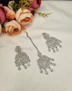 Elegant Rhodium Plated Cubic Zirconia <b>Jewellery</b> <b>Set</b> Multi Layer Long Necklace Matching Earrings Mangtika Partywear <b>Set</b> Wholesale - Product Image 3