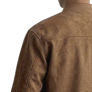 <b>Mens</b> Brown <b>Suede</b> Style <b>Jacket</b> Stand Collar Full Zip Front Long Sleeve Snap Cuff Casual Bomber <b>Jacket</b> Regular Fit Outerwear - Product Image 3
