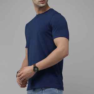 T-shirt à manches courtes col rond pour homme, coupe classique, couleur unie, jersey décontracté, tricoté 100% coton, bleu - Product Image 1