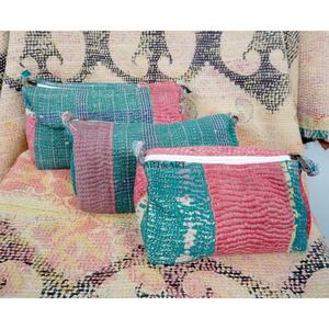 Indian kantha hand block print cotton cosmetic bag Makeup <b>pouch</b> set of three Accessory case Women's travel bag Handmade Kantha - Product Image 4