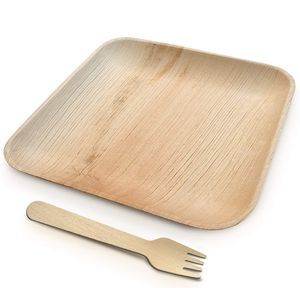 Assiettes jetables en feuilles de palmier Areca à texture naturelle, robustes et compostables, vaisselle carrée pour la planification d'événements durables - Product Image 1