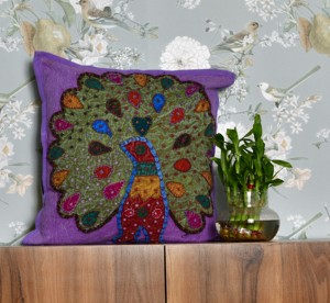 Beautiful Classic Cut Square Cushion <b>Cover</b> With Peacock Applique Embroidery Work Purple <b>Green</b> <b>Covers</b> Multicolor Home Decor - Product Image 1