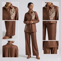 Ensemble chemise brodée marron et pantalon large pour femme, haut à col et manches longues, motif floral, élégant, décontracté, tenue de bureau, deux pièces