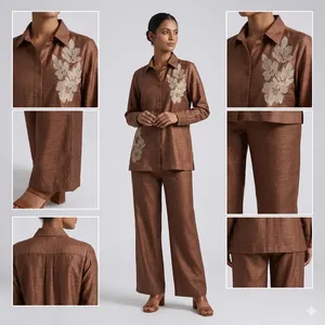 Ensemble chemise brodée marron et pantalon large pour femme, haut à col et manches longues, motif floral, élégant, décontracté, tenue de bureau, deux pièces - Product Image 2