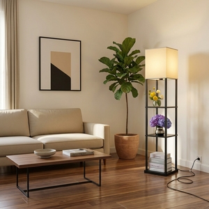 Minimalist Metal & Wood Floor <b>Lamp</b> with <b>Shelves</b> Geometric Pattern Shade Modern Style Standing Light Living Room Bedroom Office - Product Image 3