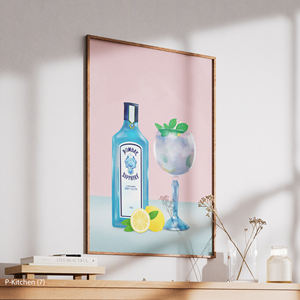 ภาพศิลปะบนผืนผ้าใบสำหรับตกแต่งห้องครัว, โปสเตอร์ภาพประกอบขวดบลูจินและเครื่องดื่มรสส้ม, ภาพพิมพ์ตกแต่งผนังสไตล์โมเดิร์นสำหรับเครื่องดื่ม - Product Image 2
