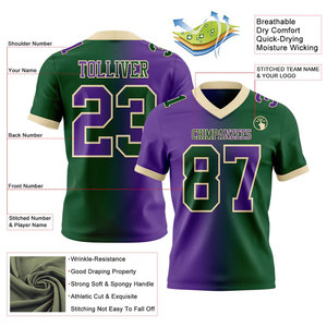 Camiseta de Fútbol Americano Sublimada Personalizada para Hombre, Manga Corta, Cuello en V, Absorbe la Humedad, Nombre del Equipo 00, Degradado Verde Púrpura - Product Image 2