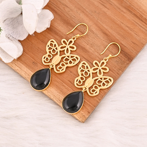 Boucles d'oreilles papillon en onyx noir naturel, plaquées or, faites à la main, serties de pierres, bijoux pour femmes - Product Image 4