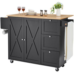 Carrello da Cucina da 56 Pollici con Piano in Legno, Armadietto Mobile con Ruote, Tavolo Pieghevole, Struttura in Acciaio, Include Porta Spezie e Portasciugamani - Product Image 1