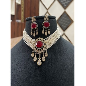 Ensemble collier et boucles d'oreilles chic de qualité supérieure, en laiton plaqué or, avec perles Moissanite, pour mariage, fête, cadeau pour femme - Product Image 1