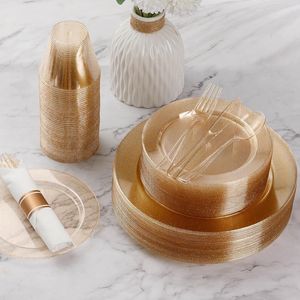Set di Stoviglie Usa e Getta in Plastica Dorata con Glitter per 25 Ospiti, Include 25 Piatti e 25 Bicchieri per Feste - Product Image 2