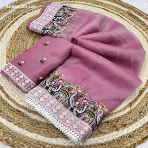Beautiful Crush Georgette Chiffon with Multi-Thread work Flower-Bird Motif & <b>White</b> Border Saree-<b>Blouse</b> Set Indian Supplier - Product Image 1
