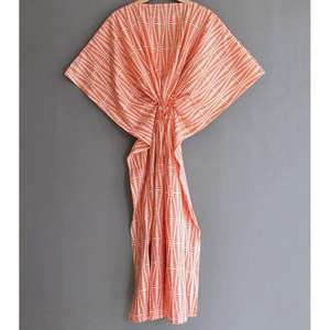 Vestido Kaftán Informal de Algodón para Mujer, Hermoso Estampado a Bloques, Maxi Vestido Largo de Verano para la Playa, Mangas Cortas, Traje de Baño, Estilo Étnico - Product Image 3
