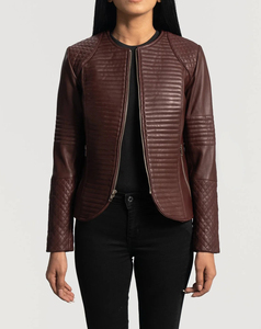 Veste de moto en cuir véritable pour femme, nouveau design, col rond, manches longues, design matelassé, fermeture éclair, style automne - Product Image 2