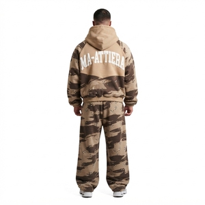 Ensemble survêtement homme marron beige camouflage à capuche zippé coupe ample manches contrastantes streetwear personnalisé OEM ODM vente en gros - Product Image 2