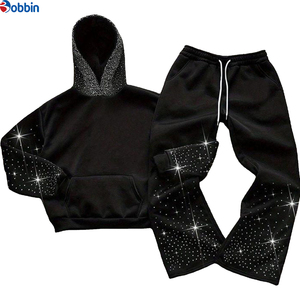 Ensemble de survêtement tendance avec logo personnalisé et strass pour homme, style streetwear, sweat à capuche et pantalon de jogging, tenue deux pièces en strass OEM - Product Image 3