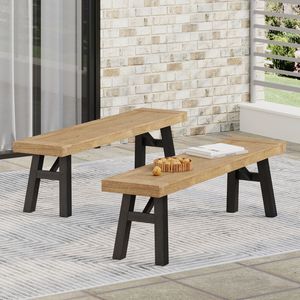 Juego de 2 bancos de patio para exteriores con diseño de paneles de listones y estructura de madera de acacia en color natural y gris - Product Image 1