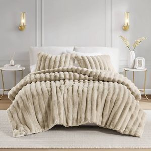 3-Piece Taupe King Ultrasoft Faux Fur Ribbed <b>Comforter</b> <b>Set</b> - Product Image 5