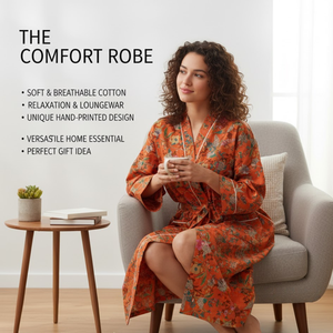 Bata Kimono de Algodón con Estampado Floral Naranja para Mujer, Cuello en V, Manga Larga, Cinturón con Cordón, Hecha a Mano, Ropa de Estar por Casa - Product Image 5