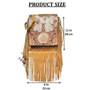 Portable luxe Boho usiné à la main en cuir de vachette bandoulière Cactus frange sac à main Design épaule en cuir véritable sac à main pour les femmes - Product Image 2