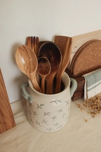 Hand Painted Ceramic <b>Utensil</b> Holder Dual Handle Farmhouse Design Smooth Glaze High Fired Durable Kitchen Counter Storage Jar - Product Image 3