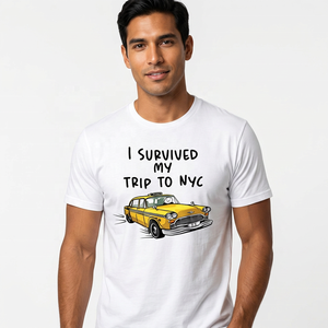 T-shirt à manches courtes pour hommes, col rond, coupe régulière, en jersey de coton, motif dessin animé Taxi, I Survived My Trip To NYC - Product Image 6