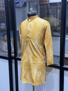 <b>Men's</b> Yellow Shimmer Traditional Indian Pakistani Wedding & Party Wear Winter/Summer Regular Fit Long Sleeve <b>Kurta</b> - Product Image 3