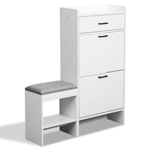 2-Tier White 100*25*117cm Particleboard Shoe Cabinet with Flip Lid and Padded Bench 1-Hook Shoe Rack - Product Image 1