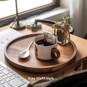 Round Natural Wood Handcrafted Fruit Serving Tray with Plant & Floral Pattern Movable <b>Rustic</b> Design for Kitchen Dining Room Use - Product Image 2