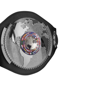 Ceinture de championnat mondial de lutte, design globe argenté, cuir noir, titres personnalisables de luxe - Product Image 2