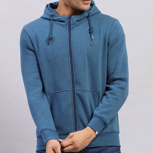 Sudadera con Capucha Azul para Hombre, Cierre de Cremallera, Corte Regular, Felpa Francesa, Color Sólido, Informal, para Otoño - Product Image 1