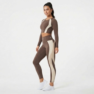 Women <b>Long</b> Sleeve Crop <b>Top</b> High Waist Color Block <b>Leggings</b> Two Piece Fitness Activewear Set - Product Image 1