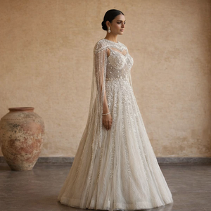 New Vision Pale Blue Sequined <b>Net</b> Women's Evening Gown | Hand-Embroidered Pentagon Neck Bridal Wedding Gown | Couture Floral - Product Image 1
