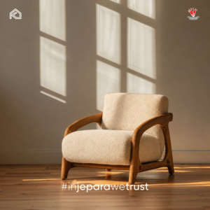 Elegante Sillón de Madera de Teca Sólida con Tapizado Bouclé, Minimalista, para Sala de Estar, Artesanía Premium de Jepara - Product Image 5