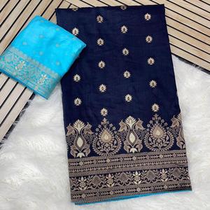 RICH LOOK VISCOSA DOLA SEDA TEJIDO TRABAJO SAREE CON BLUSA SIN COSTURA AZUL MARINO - Product Image 2